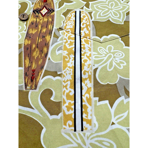 Vintage Howie Hawaiian Shirt Men XL Tiki Surf Board Wooden Buttons Camp Hibiscus - Picture 8 of 9